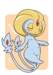 1girl :&gt; artist_name blue_skin blush border breasts closed_eyes closed_mouth colored_skin creatures_(company) female_focus forehead_jewel full_body game_freak gem gen_4_pokemon groin happy heart kazamidoririnn legendary_pokemon multicolored_skin multiple_tails navel nintendo no_humans orange_background outside_border pokemon pokemon_(creature) red_gemstone shiny_skin signature simple_background sleeping small_breasts smile solo stomach tail two-tone_skin two_tails uxie white_border wide_hips yellow_skin zzz