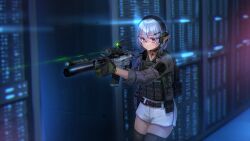 1girl aac_honey_badger absurdres assault_rifle belt black_thighhighs brown_belt choker commission cowboy_shot elf enpera_(jdud8375) flashlight gloves gun headphones highres holding holding_gun holding_weapon laser laser_sight original pointy_ears purple_eyes radio rail_(weapon) rifle server_(computer) server_room short_hair short_shorts shorts solo suppressor tactical_clothes tactical_light tactical_vest thighhighs throat_microphone vest weapon white_hair white_shorts