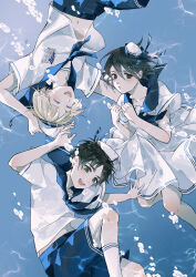 1girl 2boys absurdres air_bubble armin_arlert black_hair blonde_hair blue_sailor_collar blue_shorts bubble closed_eyes dress eren_yeager green_eyes grey_eyes hair_between_eyes hat highres light_blush midriff_peek mikasa_ackerman mini_hat multiple_boys open_mouth parted_bangs sailor_collar sailor_hat shingeki_no_kyojin shirt short_hair shorts smile underwater white_dress white_shirt zhuse_fuxianqing