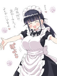 1girl ^_^ apron black_hair blunt_bangs blush breasts closed_eyes cowboy_shot hair_ribbon happy highres large_breasts long_hair looking_at_viewer low_twintails maid maid_(naitou_kouse) maid_apron maid_headdress naitou_kouse open_hand open_mouth original outstretched_arms ribbon short_sleeves simple_background smile solo spread_arms standing twintails white_background white_ribbon