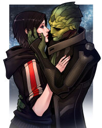 Rule 34 | alien, caressing cheek, commander shepard, commander shepard (female), drell, hand on another&#039;s chest, kasia nie, mass effect (series), n7 hoodie, night, night sky, sad, sky, thane krios, tumblr
