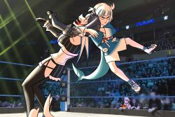 2girls animal_hood black_gloves black_hair body_slam corset eating fins fish_tail food frills gawr_gura gloves highres hololive hololive_english hood multiple_girls ouro_kronii popcorn real_life shark_hood shark_tail short_hair tail thighhighs virtual_youtuber white_hair wrestling wrestling_ring wwe zeon_(zzeeonn)