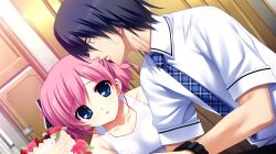 Rule 34 | 1boy, 1girl, bare shoulders, black hair, blue eyes, blue necktie, breasts, cake, collarbone, collared shirt, dutch angle, food, fumio (ura fmo), game cg, grisaia (series), grisaia no meikyuu, indoors, kazami yuuji, komine sachi, looking at another, medium breasts, mihama private academy school uniform, necktie, non-web source, parted lips, pink hair, plaid clothes, plaid necktie, profile, school uniform, shirt, short hair, short sleeves, sweatdrop, swept bangs, tank top, two side up, watch, white shirt, white tank top, wristwatch