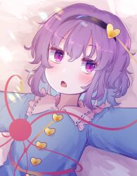 1girl absurdres arms_up black_hairband blue_shirt blush buttons commentary_request d: eyeball flat_chest frilled_shirt_collar frills from_above hair_between_eyes hair_ornament hairband heart heart_button heart_hair_ornament highres komeiji_satori lens_flare looking_to_the_side lying medium_hair on_back open_mouth purple_eyes purple_hair shibicha shirt solo third_eye touhou upper_body
