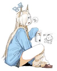 1boy 1girl alternate_costume animal_ear_fluff animal_ears arm_between_legs blonde_hair blue_archive blue_eyes blue_sweater chibi chibi_inset cup doodle_sensei_(blue_archive) fang from_side hair_over_one_eye halo holding holding_cup hot_drink kanna_(blue_archive) leebo_(leeboxxx) leg_warmers loafers long_bangs long_hair long_sleeves looking_at_viewer looking_to_the_side mug open_mouth school_uniform sensei_(blue_archive) shoes simple_background sitting smile steam sweater translation_request white_background