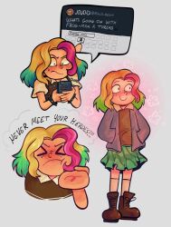 &gt;_&lt; 1girl amphibia annoyed blonde_hair blush boots bracelet closed_mouth collared_shirt english_text full_body green_hair green_skirt hands_in_pockets happy highres holding holding_phone ivysundews jacket jewelry molly_jo multicolored_hair multiple_views phone pink_hair shirt skirt smile spiked_bracelet spikes sweatdrop sweater_vest tearing_up