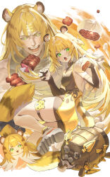 1girl absurdres alternate_costume animal_ears bare_shoulders black_dress black_gloves black_shorts blonde_hair breasts chinese_clothes colored_inner_hair commentary dress fingerless_gloves fingernails food gloves green_eyes highres holding holding_food ju_fufu light_blush long_hair looking_at_viewer looking_back meat medium_breasts multicolored_hair multiple_views netural open_mouth shorts skindentation sleeveless sleeveless_dress smile steamed_bun tail thigh_strap thighs tiger_ears tiger_girl tiger_tail white_background white_hair yellow_dress zenless_zone_zero