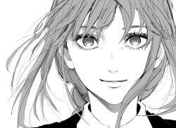 1girl black_jacket braid chainsaw_man collared_shirt eyelashes green_eyes grey_hair greyscale inoitoh jacket looking_at_viewer makima_(chainsaw_man) monochrome ringed_eyes shirt sidelocks simple_background smile solo solo_focus white_background wide-eyed