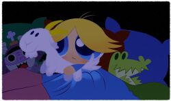 1boy antenna_hair bed blonde_hair blue_eyes blue_pajamas blue_shirt boomer_(ppg) child commentary eduardo_(foster&#039;s) foster&#039;s_home_for_imaginary_friends head_on_pillow looking_to_the_side male_focus pajamas parted_bangs pillow powerpuff_girls rowdyruff_boys scared shirt solo stuffed_animal stuffed_toy under_covers yunomi_(bearleaf)