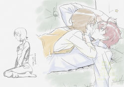 1boy 1girl barefoot blush bob_cut breasts brown_hair couch couple flirting greyscale hands_in_own_hair hands_on_another&#039;s_chest hands_on_own_head happinesscharge_precure! highres holding long_sleeves looking_to_the_side lying lying_on_person mature_female medium_hair monochrome on_couch on_stomach oomori_yuuko overalls parted_bangs partially_colored phantom_(happinesscharge_precure!) precure red_hair seiza shirt short_hair sideboob sitting surprised waking_up wasa7subi white_shirt yellow_overalls yellow_shirt