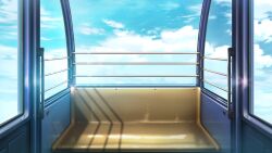blue_sky cloud cloudy_sky day ferris_wheel_interior highres no_humans non-web_source official_art our_life:_beginnings_and_always outdoors railing scenery shadow sky window