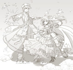 1boy 1girl arch_bishop_(ragnarok_online) armor armored_dress book coat commentary_request cropped_jacket cross cross_necklace dated_commentary dress earrings fingerless_gloves frilled_dress frills full_body gauntlets gloves greyscale hat holding holding_book holding_polearm holding_weapon jewelry long_hair looking_at_viewer magic monochrome necklace newsboy_cap open_book open_mouth pauldrons polearm ragnarok_online royal_guard_(ragnarok_online) sharari shoes short_hair shoulder_armor smile standing trident v-shaped_eyebrows weapon