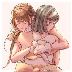 Rule 34 | 1st live tour ~run! can! fun!~, 2girls, animification, black hair, brown hair, cerise bouquet, commentary, dress, frilled gloves, frills, gloves, hairband, hanamiya nina, highres, holding, holding microphone, hug, link! like! love live!, long hair, love live!, medium hair, meiji (mosamoo3), microphone, multiple girls, nirei nozomi, real life, simple background, single-shoulder dress, single bare shoulder, suisai sekai, upper body, voice actor, white background, white dress, white gloves, white hairband, zanyo (love live!)
