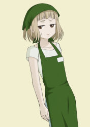 Rule 34 | 1girl, apron, arm at side, bandana, brown eyes, dekiru neko wa kyou mo yuuutsu, easy (aqk7bdqt), green bandana, green headwear, light brown hair, medium hair, nishina rio, shirt, short sleeves, simple background, solo, standing, sweatdrop, uniform, white shirt, yellow background