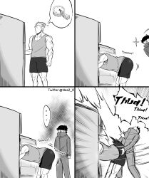 1boy 1girl absurdres bent_over comic dry_humping english_text food glasses greyscale highres humping in_container in_refrigerator jacket jane_(nesz) monochrome nesz_r original pie refrigerator short_hair shorts tank_top tomboy toned toned_male twitter_username