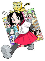 :&gt; :p animal animal_ear_hairband animal_ears animal_hair_ornament animal_on_head bandaid bandaid_on_face bandaid_on_nose black_hair black_outline black_stripes black_tail blue_hair blunt_bangs blunt_ends blunt_sidelocks blush blush_stickers book buttons cd closed_eyes closed_mouth colored_inner_animal_ears colored_sclera confetti cub dhole_(toranoana) english_text eyelashes fake_animal_ears folding_fan full_body green_eyes green_hair green_sclera grey_footwear grey_sleeves grey_socks grey_undershirt hair_between_eyes hairband hand_fan hime_cut holding holding_book holding_cd holding_confetti holding_fan holding_manga jacket kneehighs kodomo_(toranoana) kuromimi_kotora layered_sleeves library light_brown_hair loafers long_hair long_sleeves manga_(object) medium_skirt miko_(toranoana) mukku_(mook-tv) official_art on_head open_mouth orange_shirt orange_sleeves outline paneled_background paper_roll paper_stack parted_bangs paw_print pleated_skirt polka_dot red_sailor_collar red_skirt ribbon_kotora ruru_(toranoana) sailor_collar school_uniform second-party_source shirt shoes short_over_long_sleeves short_sleeves siblings sidelocks simple_background sisters skirt socks straight_hair striped_collar striped_fur striped_tail tail tiger tiger_ears tongue tongue_out tora_da_yo. toranoana translation_request undershirt very_long_hair white_background white_jacket white_outline white_sleeve_cuffs wide_sleeves yellow_fur yellow_hairband yellow_tail
