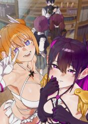 1boy 2.5_jigen_no_ririsa 2girls amano_ririsa ariel_(2.5_jigen_no_ririsa) ariel_(2.5_jigen_no_ririsa)_(cosplay) black_gloves blonde_hair blush breasts brown_hair camera cardigan_vest closed_mouth collarbone cosplay different_reflection eyebrows_hidden_by_hair garter_straps gloves hair_ornament heart heart-shaped_pupils highres holding holding_camera kuriki_art large_breasts liliel_(2.5_jigen_no_ririsa) medium_breasts miriella_(2.5_jigen_no_ririsa) miriella_(2.5_jigen_no_ririsa)_(cosplay) mirror multicolored_eyes multicolored_hair multiple_girls okumura_masamune open_mouth reflection revealing_clothes smile symbol-shaped_pupils tachibana_mikari taking_picture twintails two-tone_hair v white_garter_straps wig wing_hair_ornament