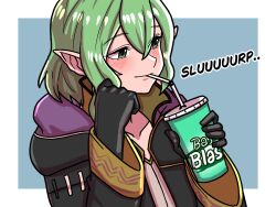 1girl bendy_straw black_coat black_gloves coat collarbone commentary drink drinking_straw english_commentary female_morgan_(fire_emblem) fire_emblem gloves green_eyes green_hair grey_background hair_between_eyes holding holding_drink hood hood_down letterboxed mnejing30 nintendo pointy_ears purple_coat short_hair sidelocks solo sound_effects wide_sleeves