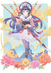 1girl absurdres arri_(arrihare) black_boots black_hair blunt_bangs bonnet boots braid capelet chinese_clothes chinese_opera corset dragon&#039;s_bane_(genshin_impact) dress eyeshadow flag floating_clothes floating_hair flower_knot frilled_dress frills fur_trim genshin_impact geo_symbol_(genshin_impact) hair_ornament highres holding holding_polearm holding_weapon lace-up_boots lipgloss long_hair long_sleeves looking_at_viewer makeup mountainous_horizon polearm pom_pom_(clothes) puffy_long_sleeves puffy_sleeves red_eyes red_eyeshadow sidelocks solo tassel tassel_hair_ornament vision_(genshin_impact) weapon yun_jin_(genshin_impact)