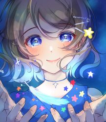 1girl absurdres aqours_finale_lovelive!_~eikyuu_stage~ blue_background blue_eyes blush brown_hair choker closed_mouth dot_nose dress earrings feathers fingernails grey_hair hair_ornament hands_up highres jewelry lake_0520 light_particles looking_at_viewer love_live! love_live!_sunshine!! necklace short_hair simple_background single_bare_shoulder single_earring smile solo star_(symbol) star_in_eye symbol_in_eye upper_body watanabe_you wavy_hair