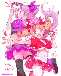 2girls aisaki_emiru atari_(atamawaki_waki) back-to-back black_thighhighs blunt_bangs bow bright_pupils brown_eyes brown_hair censored cone_hair_bun cropped_shirt dot_nose double_bun earrings floating_hair foot_out_of_frame frilled_skirt frills from_behind hair_bow hair_bun hair_ornament happy heart heart_earrings height_difference highres holding_tambourine hood hood_down hooded_shirt hugtto!_precure instrument jewelry leg_up light_blush light_particles long_hair looking_at_viewer low-tied_long_hair low_ponytail midriff miniskirt multiple_girls music navel notice_lines open_mouth pink_bow playing_instrument pom_pom_(clothes) pom_pom_hair_ornament ponytail precure puffy_short_sleeves puffy_sleeves purple_bow purple_eyes purple_hair purple_shirt purple_skirt red_bow red_shirt red_shoes red_skirt ruru_amour shirt shoes short_hair short_sleeves short_twintails simple_background skirt skirt_set smile sparkling_eyes tareme teeth thighhighs twintails twitter_username two-tone_bow upper_teeth_only upskirt white_background white_pupils white_thighhighs wristband