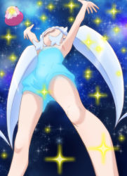 10s 1girl armpits arms_up blue_hair cure_princess from_below happinesscharge_precure! haruyama_kazunori long_hair no_panties open_mouth precure pussy pussy_peek ribbon_(happinesscharge_precure!) shirayuki_hime sparkle twintails upshorts