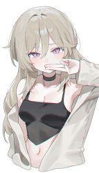 1girl absurdres armpits bare_shoulders black_choker black_shirt blonde_hair breasts choker chromatic_aberration cleavage collarbone covering_own_mouth crop_top cropped_torso hand_up highres huu_(dighapdlxm12) jacket long_hair looking_at_viewer medium_breasts midriff navel off_shoulder open_clothes open_jacket original purple_eyes shirt simple_background sleeveless sleeveless_shirt solo spaghetti_strap stomach white_background white_jacket