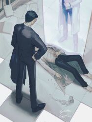 3boys black_hair black_pants coat cup dual_persona glasses gubo_(project_moon) hair_slicked_back highres holding holding_cup jacket lab_coat limbus_company long_sleeves mirror multiple_boys pants pill project_moon sang_yi_(project_moon) satome_setsuko shirt white_coat white_shirt yi_sang_(project_moon)