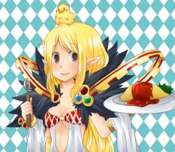 Rule 34 | 1girl, animal, animal on head, argyle clothes, argyle dress, bird, bird on head, blonde hair, blue background, blush, breasts, brown eyes, checkered background, cleavage, closed mouth, commentary request, dress, food, fur collar, holding, holding plate, holding spoon, long hair, looking at viewer, medium breasts, meiko (nattu303), omelet, omurice, on head, plate, pointy ears, ragnarok online, sleeveless, sleeveless dress, smile, solo, sorcerer (ragnarok online), spoon, upper body, white dress