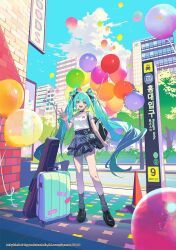 1girl balloon black_shoes building choker dsmile green_eyes green_hair hatsune_miku highres plaid_clothes plaid_skirt shoes skirt socks subway_entrance twintails vocaloid