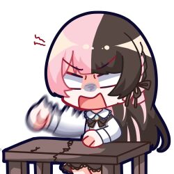 1girl black_bow black_bowtie blank_eyes bow bowtie braid brown_bow brown_hair chibi commentary hair_bow hashtag-only_commentary highres long_hair motion_blur multicolored_hair open_mouth patipafu pink_hair shirt shout_lines simple_background solo split-color_hair table tachibana_hinano tachibana_hinano_(1st_costume) two-tone_hair virtual_youtuber vspo! white_background white_shirt