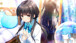 1girl bed bedroom black_bow black_dress black_hair black_legwear blue_bow blue_skirt bow bowtie card_(medium) cardigan character_name closed_mouth day dress dress_shirt dress_shoes girlfriend_(kari) grey_eyes hair_ribbon indoors jacket mashiro_toko mirror official_art plaid_clothes plaid_skirt qp:flapper reflection ribbon school school_uniform shirt skirt smile snow_globe standing tagme white_jacket white_shirt