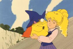 1girl 80s ann_hopkins blonde_hair closed_eyes creature hat lifting_animal oldschool onegai!_samia_don ponytail school_uniform smile witch_hat