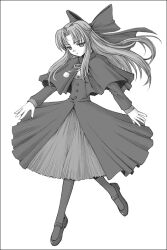 Rule 34 | 1girl, blush, bow, capelet, dress, greyscale, hair bow, half updo, kagetsu tooya, len (tsukihime), long hair, long sleeves, looking down, monochrome, orebalgum, pointy ears, ribbon, solo, thighhighs, tsukihime, white background