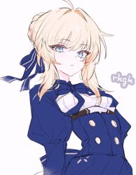 Rule 34 | 1girl, ahoge, ame amean, artoria pendragon (fate), blonde hair, blue ribbon, braid, braided bun, breasts, closed mouth, fate/stay night, fate (series), green eyes, hair bun, hair rings, honkai: star rail, honkai (series), juliet sleeves, long sleeves, looking at viewer, puffy sleeves, ribbon, saber (fate), saber (honkai: star rail) (fate), shirt, sidelocks, simple background, small breasts, solo, upper body, white shirt
