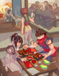 1girl 6+boys blue_eyes blue_hair braid brown_hair chopsticks dated eating fish_(food) funko_pop grilled_eel highres holding holding_chopsticks holding_tray leo_tail long_hair male_focus multiple_boys orange_eyes ponytail red_scarf scarf short_hair sitting solo_(strider) strider_(video_game) strider_hien strider_hiryuu tong_pooh tray twin_braids twitter_username white_scarf