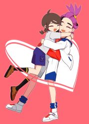 1boy 1girl ^_^ black_socks blue_socks braid brown_hair brown_shoes closed_eyes commentary_request full_body gloves grey_shirt hair_ornament heart hetero highres hug jacket juliana_(pokemon) kieran_(pokemon) kneehighs long_sleeves multicolored_hair nekoniko777 nintendo off_shoulder open_clothes open_jacket open_mouth pokemon pokemon_sv purple_hair red_background red_gloves red_tank_top school_uniform shirt shoes short_sleeves shorts simple_background single_glove socks tank_top uva_academy_school_uniform white_jacket white_shoes
