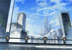blue_sky building city cityscape cloud cloudy_sky day fantasy hologram holographic_interface holographic_monitor no_humans original outdoors railing red_eyes reflection reflective_floor scenery science_fiction sky skyscraper yamakou_(yamakou_e2)
