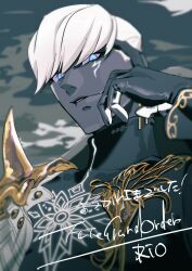 1boy black_skin blue_eyes colored_skin fate/grand_order fate_(series) hand_on_own_cheek hand_on_own_face highres indra_(fate) male_focus portrait rio_(animator) scar scar_across_eye scar_on_face signature white_hair