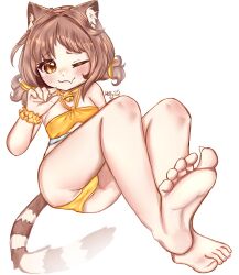 1girl ;3 animal_ear_fluff animal_ears azuki_(nekopara) bell bikini blush breasts brown_eyes brown_hair cat_ears cat_girl cat_tail dot_nose feet foot_up highres hilly_meow jingle_bell legs neck_bell nekopara one_eye_closed short_hair signature simple_background small_breasts solo striped_tail swimsuit tail thighs toenails white_background yellow_bikini