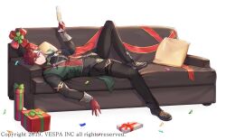 Rule 34 | 1boy, alcohol, black pants, black shirt, black shoes, bow, bowtie, champagne, champagne flute, christmas, christmas present, couch, cup, drinking glass, full body, gem, gift, gloves, green bow, green bowtie, green vest, holding, holding cup, hwansang jungdog, kibera (king&#039;s raid), king&#039;s raid, lying, multicolored vest, official alternate costume, official art, on couch, pants, purple eyes, purple gemstone, red gemstone, red gloves, red hair, red ribbon, red vest, ribbon, shirt, shoes, simple background, smile, solo, vest, white background
