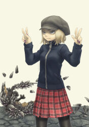 1girl bags_under_eyes black_jacket black_pantyhose blonde_hair brown_background brown_hat newsboy_cap chiyo_maru double_w grey_eyes hands_up hat jacket light_frown long_sleeves looking_ahead lying monster_hunter:_world monster_hunter_(series) nergigante on_back original pantyhose plaid_clothes plaid_skirt pleated_skirt purple_nails red_skirt rolling sanpaku serious short_hair signature simple_background skirt solo spiked_tail spiked_wings spines standing tail v-shaped_eyebrows w zipper zipper_pull_tab