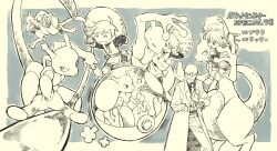 1girl 9st_3nomushi absurdres angry bald bandaged_arm bandages blaine_(pokemon) blue_background boots carrying carrying_person closed_eyes facial_hair gen_1_pokemon greyscale_with_colored_background hair_between_eyes hat hat_feather highres holding holding_poke_ball holding_spoon in_poke_ball legendary_pokemon master_ball mewtwo multiple_boys multiple_views mustache necktie nintendo open_mouth pants poke_ball pokemon pokemon_(creature) pokemon_adventures running shirt simple_background smile spoon sunglasses sweat tail two-tone_background white_background yellow_(pokemon)