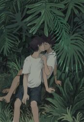 2boys barefoot black_hair closed_eyes cropped_legs hand_on_another&#039;s_shoulder hand_on_ground highres kiss looking_back male_focus minahamu multiple_boys on_grass original plant short_hair shorts yaoi