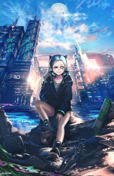 1girl absurdres adam_smasher advarcher alternate_universe artificial_eye black_jacket blood blue_sky building clenched_teeth cloud colored_sclera colored_skin commentary cyberpunk_(series) cyberpunk_edgerunners cyborg foot_on_head full_body green_hair grin half-closed_eye highres jacket knee_up leg_tattoo lens_flare long_hair long_sleeves looking_at_viewer mechanical_eye moon neck_tattoo outdoors parted_lips pink_tattoo rebecca_(cyberpunk) red_sclera rocket rubble samurai_jacket_(cyberpunk) scenery severed_head sitting sky skyscraper sleeves_past_wrists smile solo stepped_on stomach_tattoo tattoo teeth trash twintails
