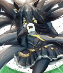 Rule 34 | 1girl, ahoge, animal ears, animal print, black coat, black hair, black pantyhose, black shirt, black skirt, cat print, coat, crossed bangs, cup, earrings, fishnet pantyhose, fishnets, floating hair, frilled skirt, frills, hair between eyes, highres, holding, holding cup, horse ears, horse girl, jewelry, long bangs, long hair, long hair between eyes, looking at viewer, magnoliko, manhattan cafe (umamusume), motion blur, motion lines, mug, multicolored hair, open clothes, open coat, pantyhose, pleated skirt, shirt, single earring, skirt, solo, umamusume, very long hair, white hair, yellow eyes, yellow nails