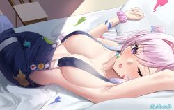 Rule 34 | 1girl, adapted costume, airani iofifteen, airani iofifteen (1st costume), armpits, blue overalls, blush, breasts, dobure18, highres, hololive, hololive indonesia, large breasts, lying, no shirt, on back, on bed, one eye closed, overalls, pillow, purple eyes, purple hair, solo, virtual youtuber