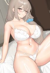 1girl absurdres akane_(blue_archive) alternate_costume aqua_scrunchie arm_support bed_sheet black-framed_eyewear blue_archive bra breasts brown_eyes brown_hair brown_halo collarbone commentary door double-parted_bangs glasses hair_ornament hair_scrunchie halo highres indoors large_breasts light_blush looking_at_viewer low_ponytail navel on_bed panties ponytail scrunchie shadow sidelocks sitting smile solo spaghetti_strap syahrul4567 underwear white_bra white_panties
