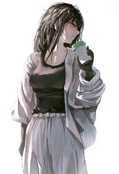 1girl absurdres big_chunger black_gloves black_hair black_tank_top chainsaw_man cup disposable_coffee_cup disposable_cup gloves highres holding holding_cup jacket long_hair pants red_eyes simple_background solo tank_top white_background white_jacket white_pants yoru_(chainsaw_man)