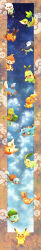 absurdres animal_focus anniversary blue_eyes border bright_pupils brown_border brown_eyes bulbasaur charmander chikorita chimchar claws cloud colored_sclera creatures_(company) cyndaquil fire flame-tipped_tail full_body game_freak gen_1_pokemon gen_2_pokemon gen_3_pokemon gen_4_pokemon gen_5_pokemon grin happy highres long_image mudkip nintendo no_humans open_mouth oshawott pikachu piplup poke_ball_symbol pokemon pokemon_(creature) sharp_teeth sky smile snivy squirtle star_(sky) starry_sky starter_pokemon_trio tall_image teeth tepig torchic totodile treecko turtwig white_pupils yellow_sclera yuurakusei